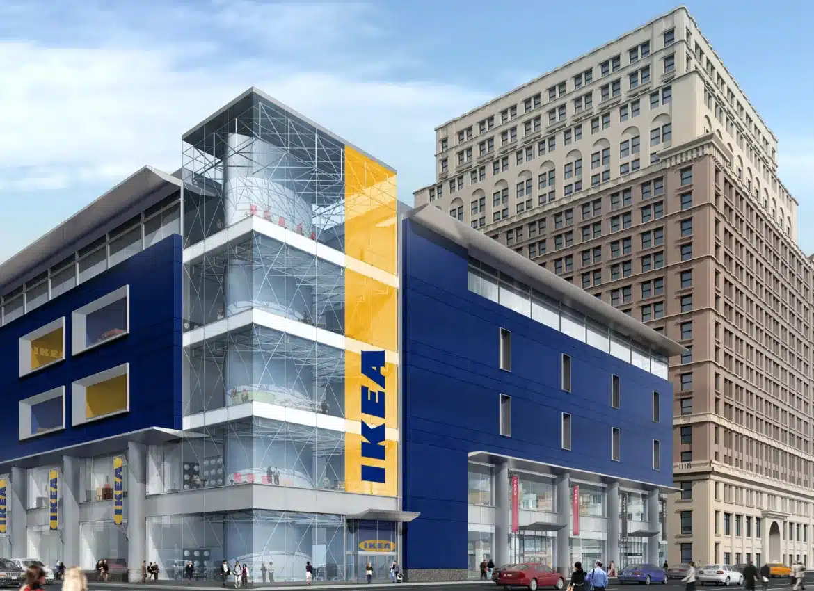 IKEA city store rendering, featuring multiple floors, modern glass architecture, and prominent brand signage exterior