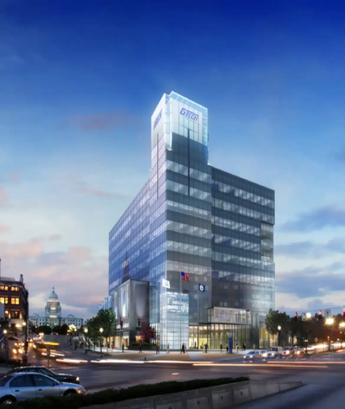 Illuminated glass office tower rendering with GTECH signage glowing against twilight evening cityscape background