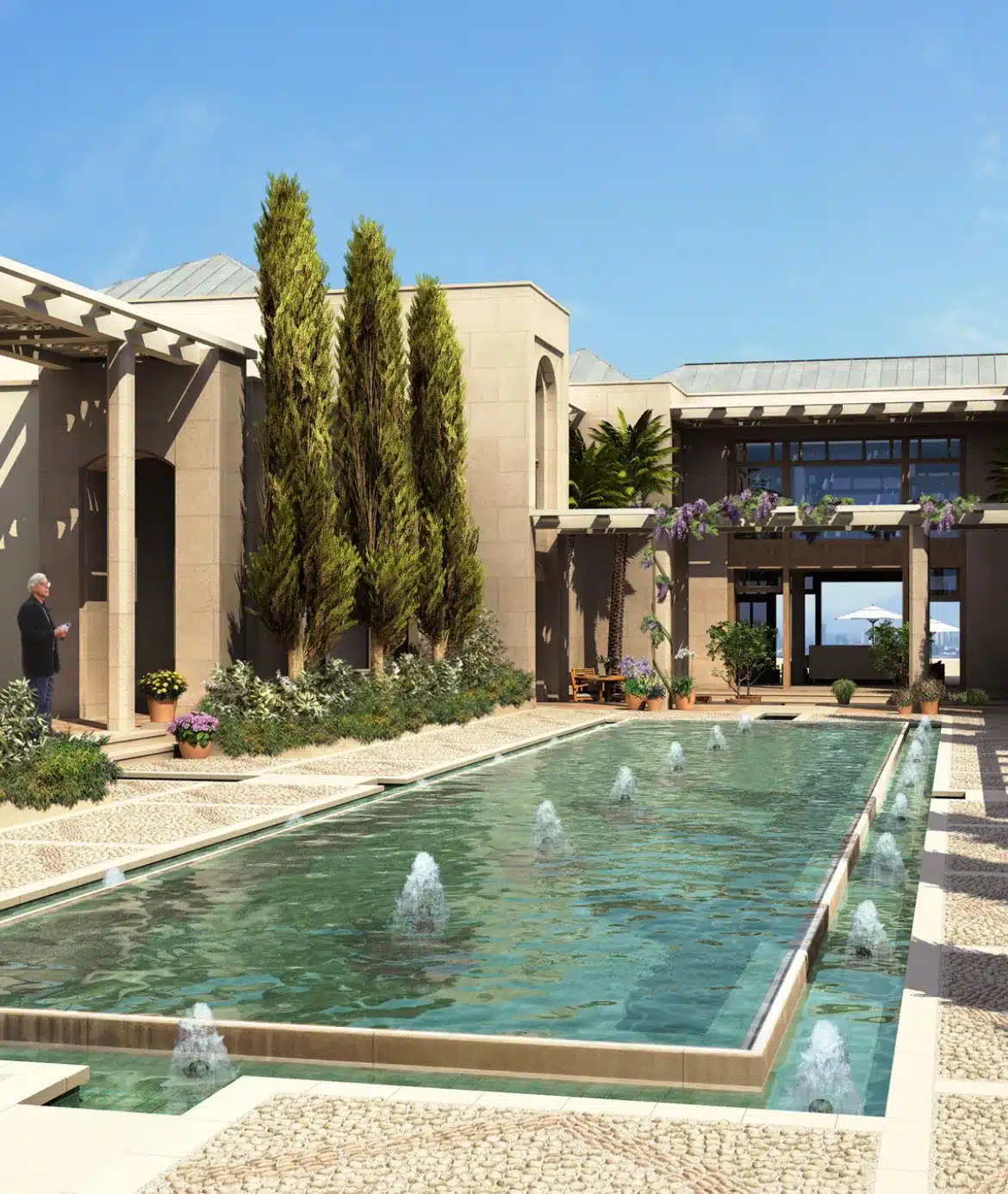 Elegant courtyard design with long water fountain, stone pathways, and Mediterranean-inspired architecture