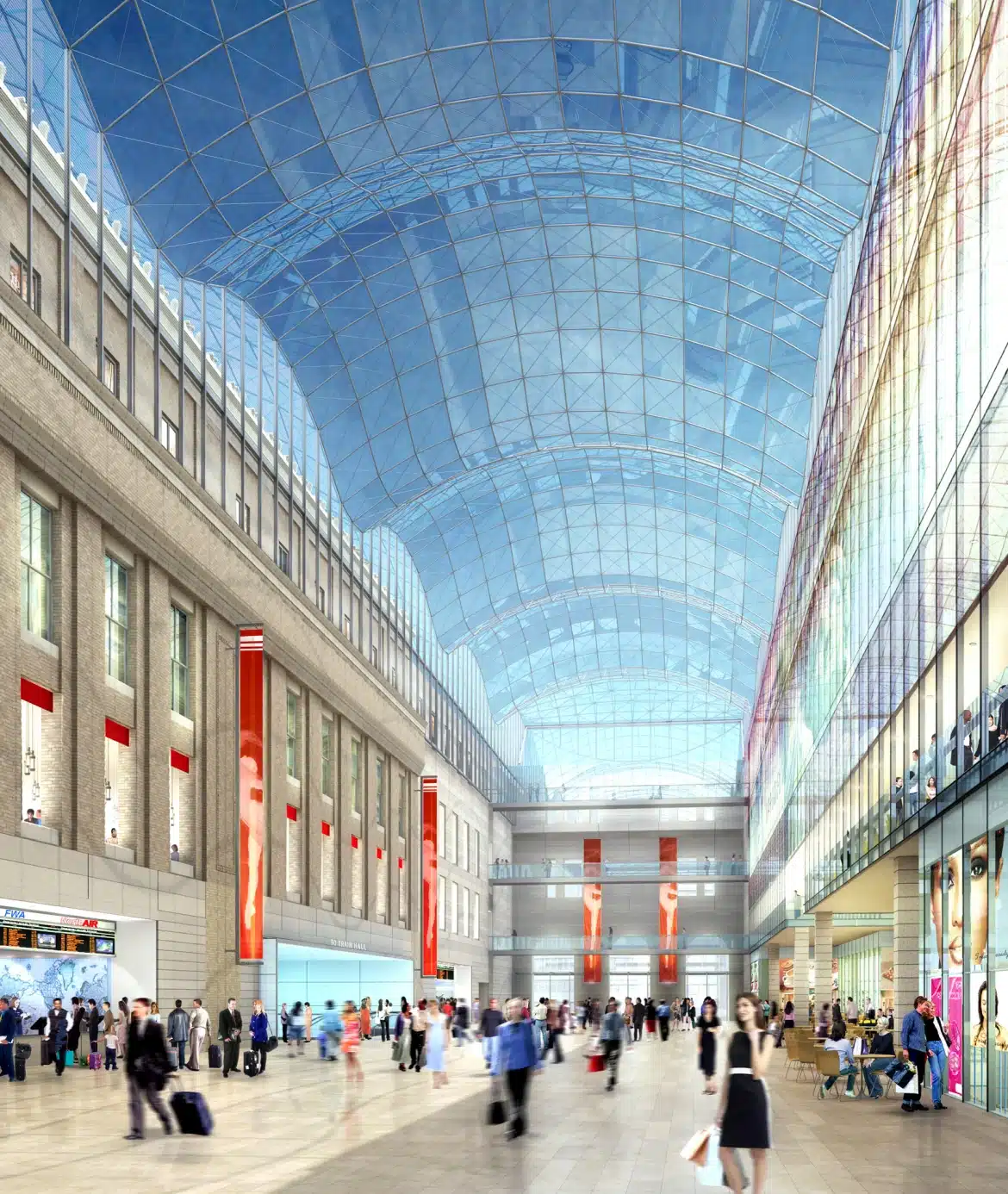 Spacious modern atrium rendering, with glass ceiling, bustling shoppers, and retail storefronts on both sides