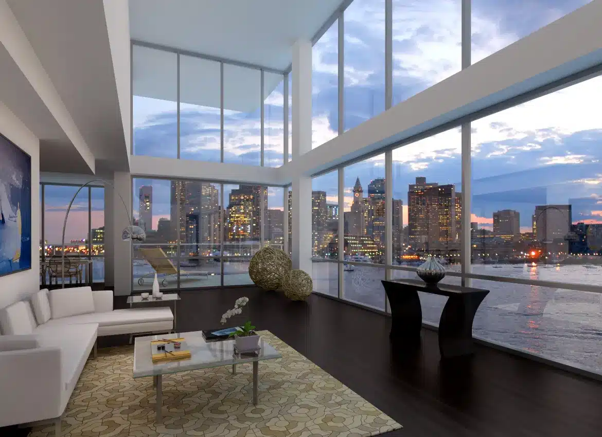 Luxury penthouse living room rendering with floor-to-ceiling windows overlooking illuminated evening city skyline