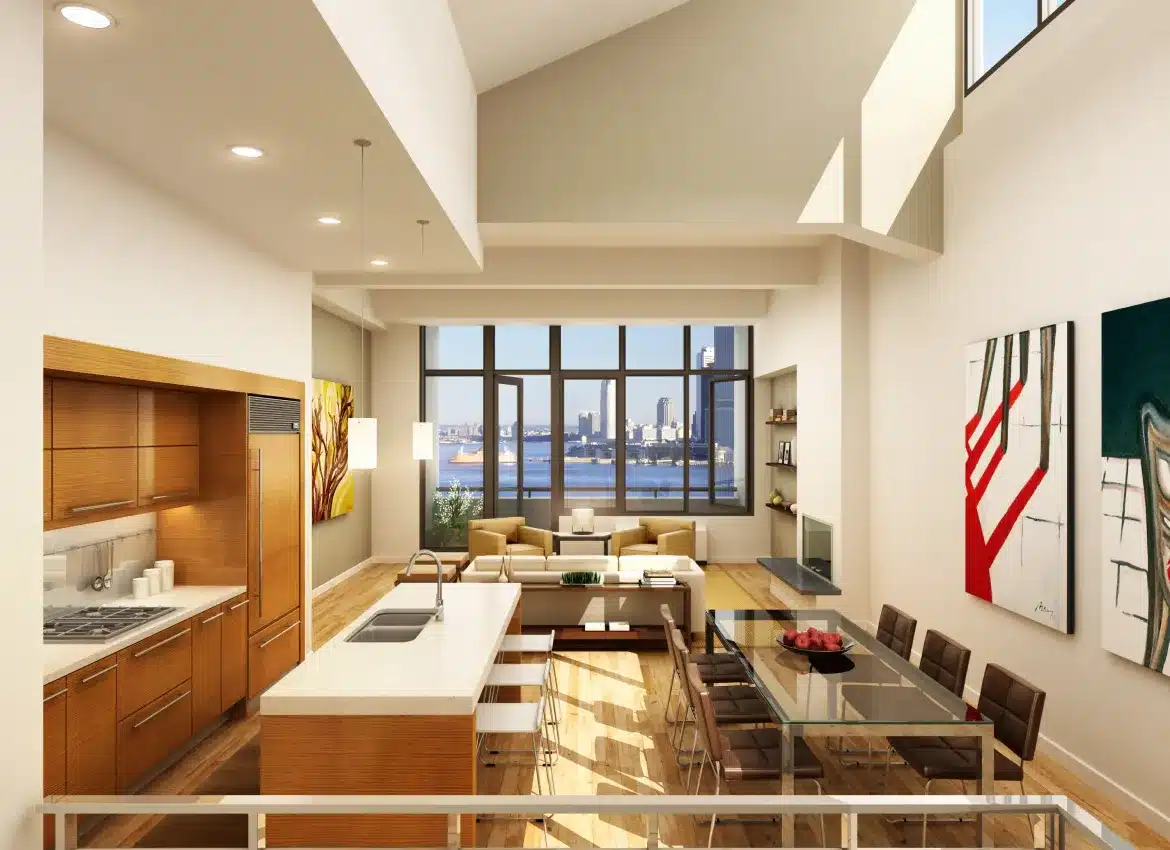 Modern loft apartment with open kitchen, glass dining table, and large windows overlooking city skyline