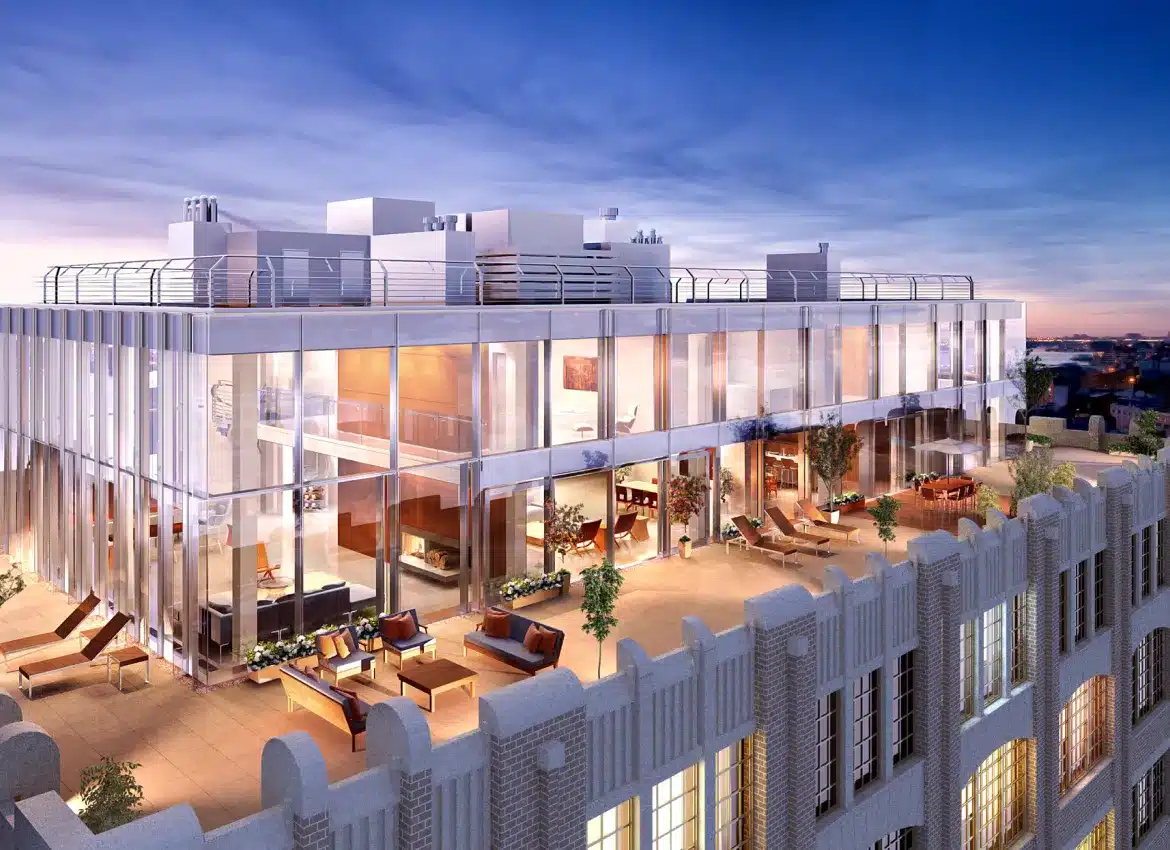 Rooftop penthouse rendering with expansive glass walls, outdoor lounge areas, and illuminated evening sky backdrop