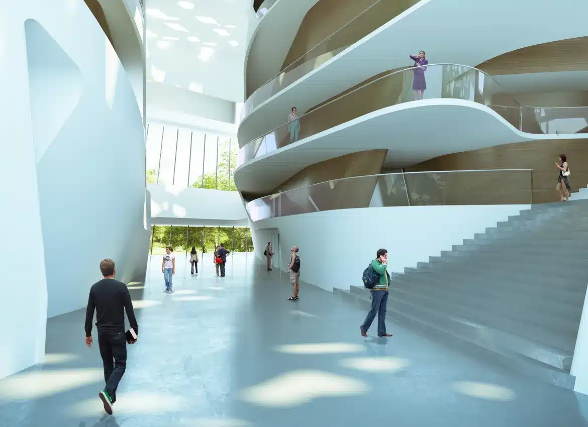 Zaha Hadid futuristic interior design with sweeping curved balconies inside modern cultural performance hall architecture