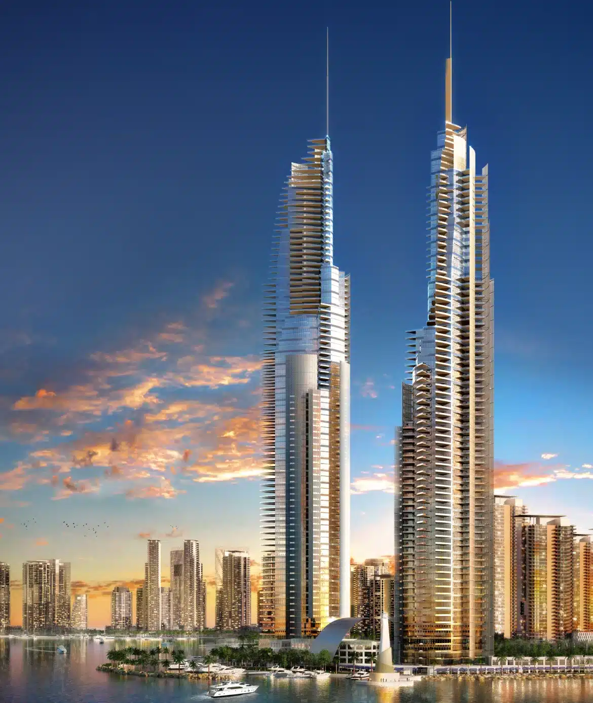 Twin glass skyscrapers design reflecting sunset sky in modern waterfront skyline with nearby residential towers