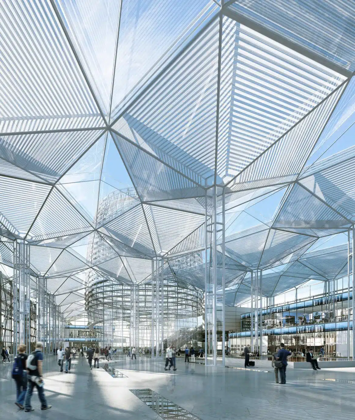 Futuristic transportation hub with geometric glass roof structures and spacious pedestrian concourse below