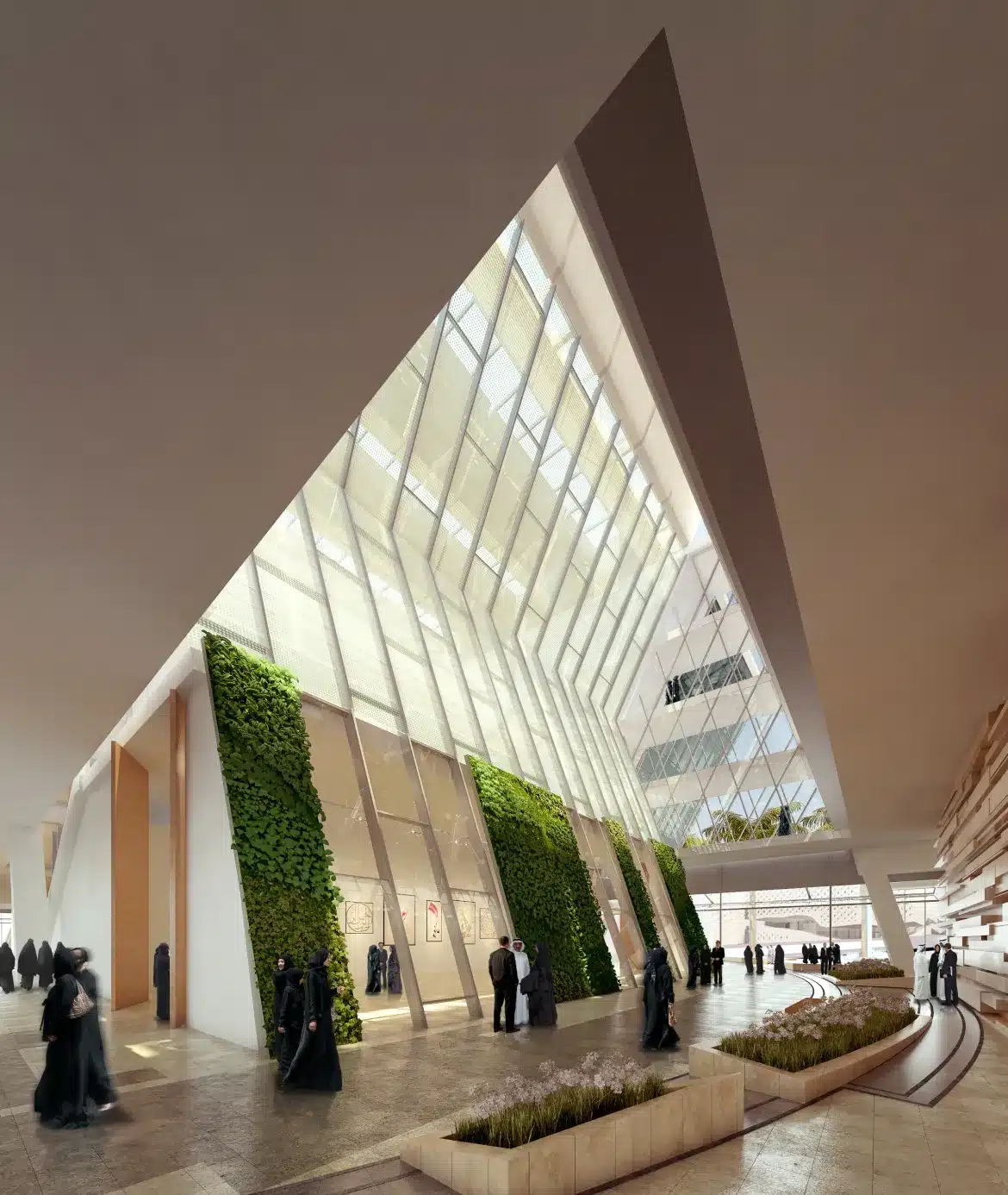Modern university atrium rendering with tall slanted windows, vertical green walls, and landscaped indoor pathways