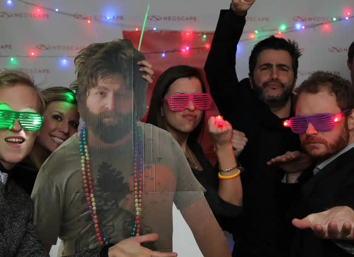 Group of people at festive holiday party wearing colorful light-up shutter shades glasses