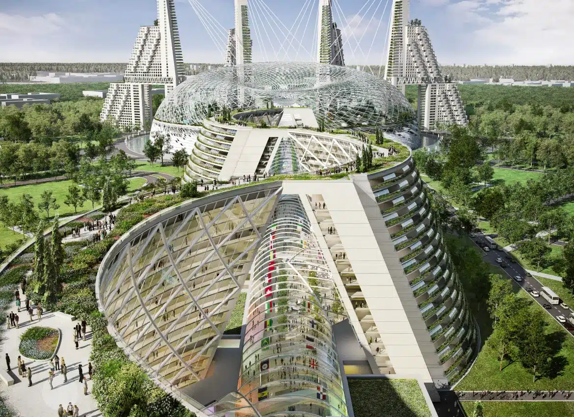 Futuristic architectural design featuring glass dome structures surrounded by lush landscaped greenery and pathways