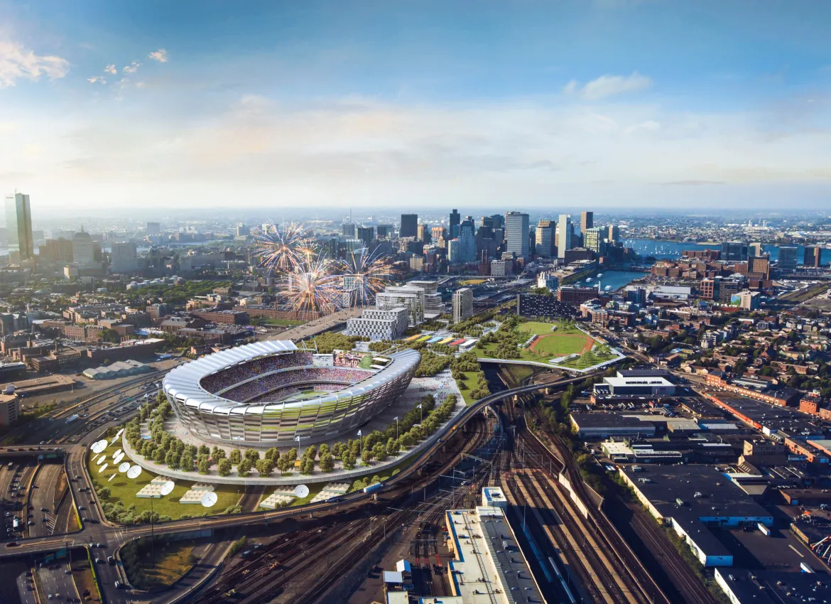 Aerial city view with stadium, fireworks, and Boston skyline in background