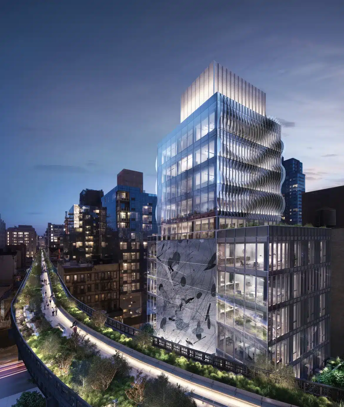 Architectural rendering of contemporary high-rise building with glowing facade and urban surroundings