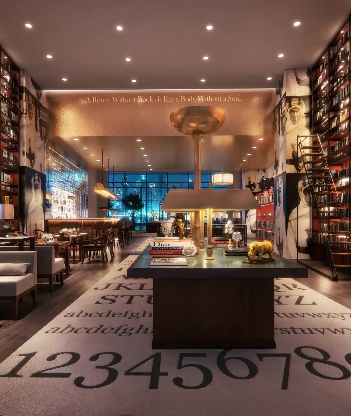 Elegant bookstore interior with luxury decor, bookshelves, and golden accent lighting