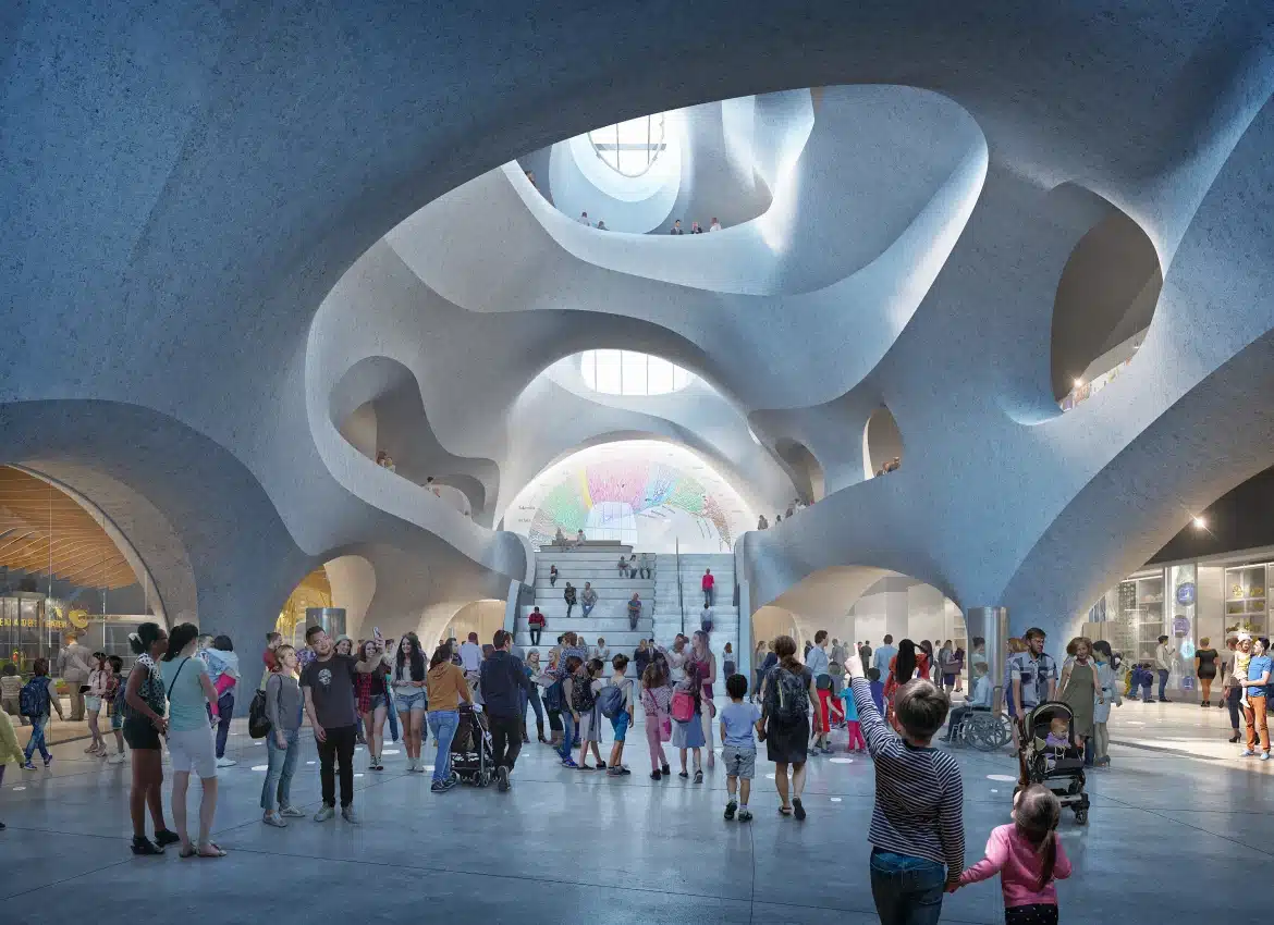 Interior of American Museum of Natural History with sculptural architecture rendering and groups of visitors