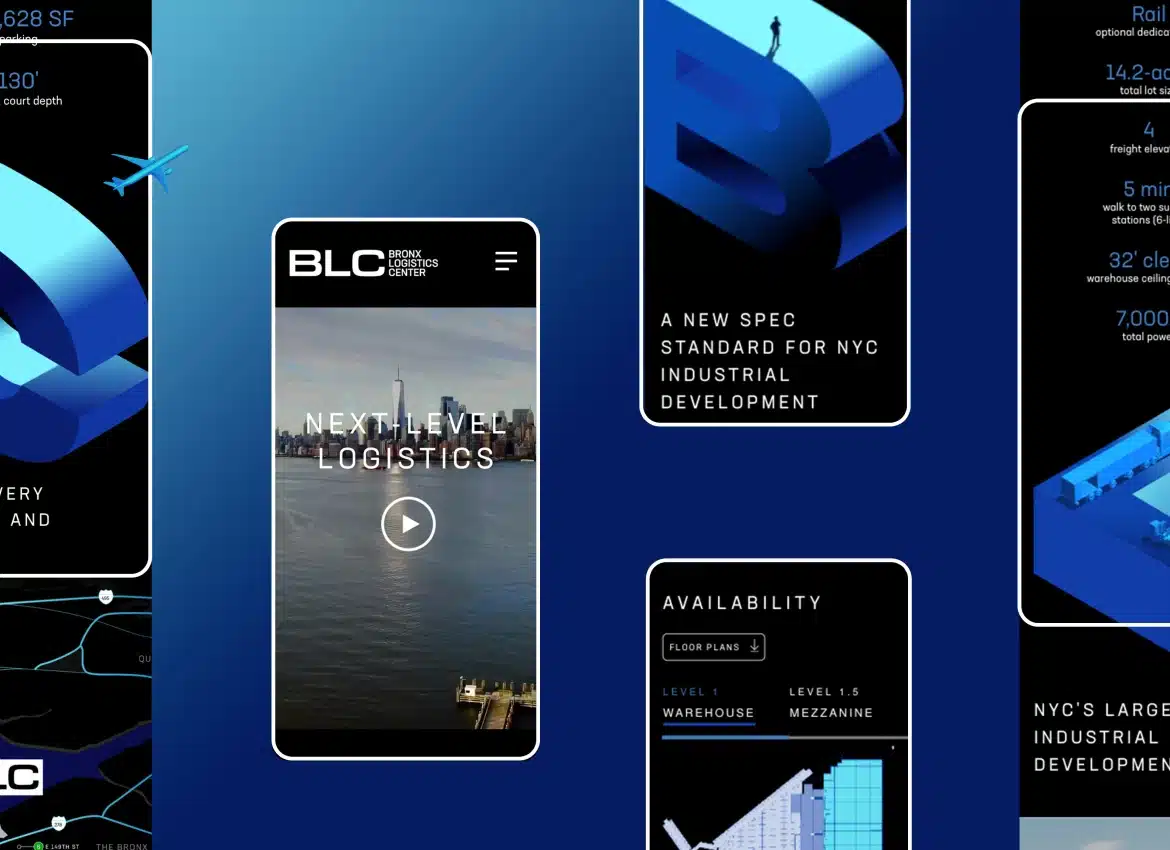 Bronx Logistics Center marketing visuals featuring mobile screens with warehouse data and brand identity