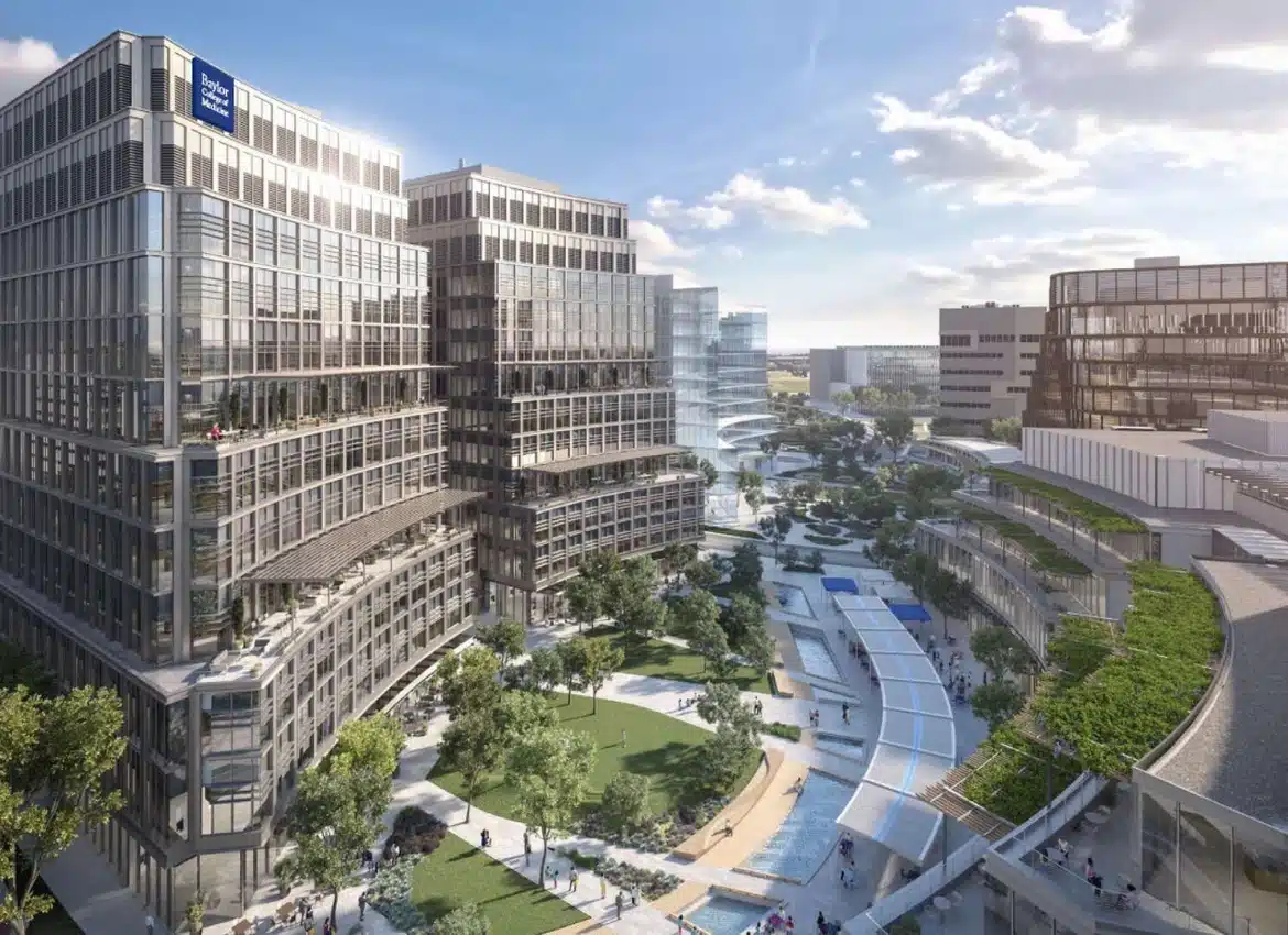 Aerial view of Helix Park showcasing innovative architecture, curved facades, and outdoor community spaces