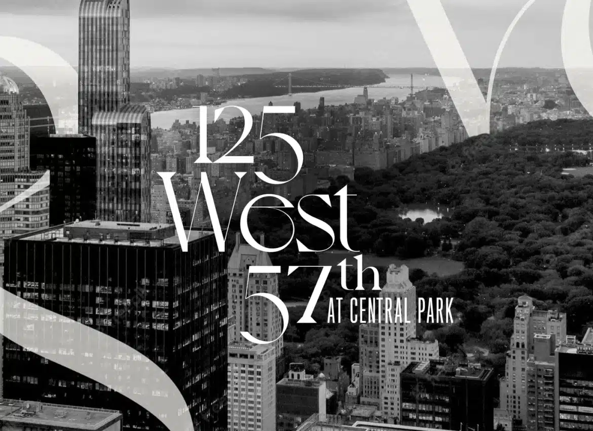 Black and white view of New York City skyline highlighting Central Park and 125 West 57th building location