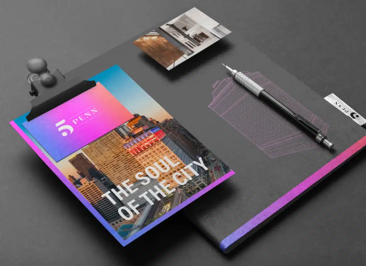 Branding collateral for 5 Penn showcasing colorful design, building renderings, and tagline The Soul of the City