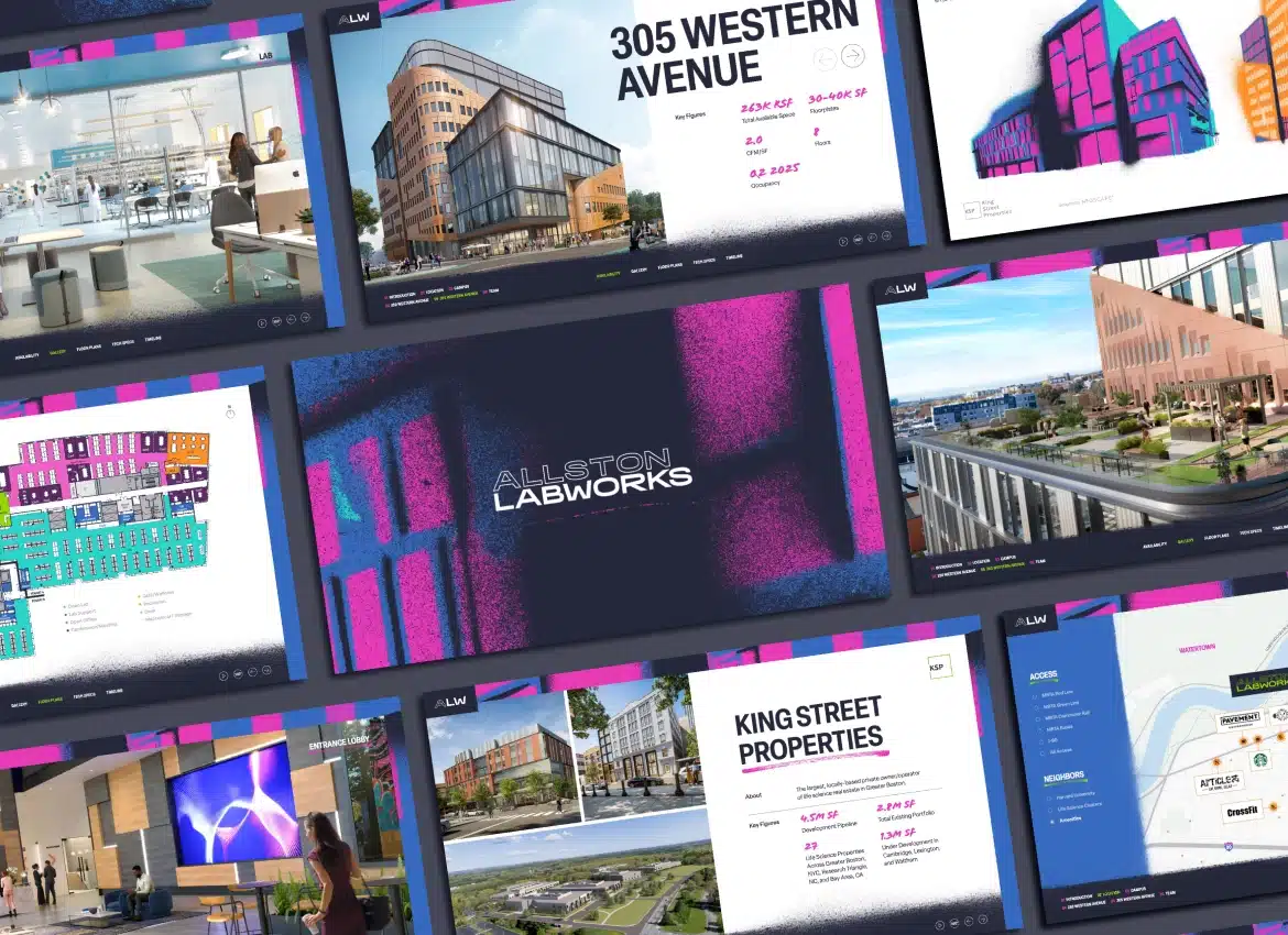 Digital presentation showcasing Allston LabWorks property development including lab spaces, architectural renderings, and project details