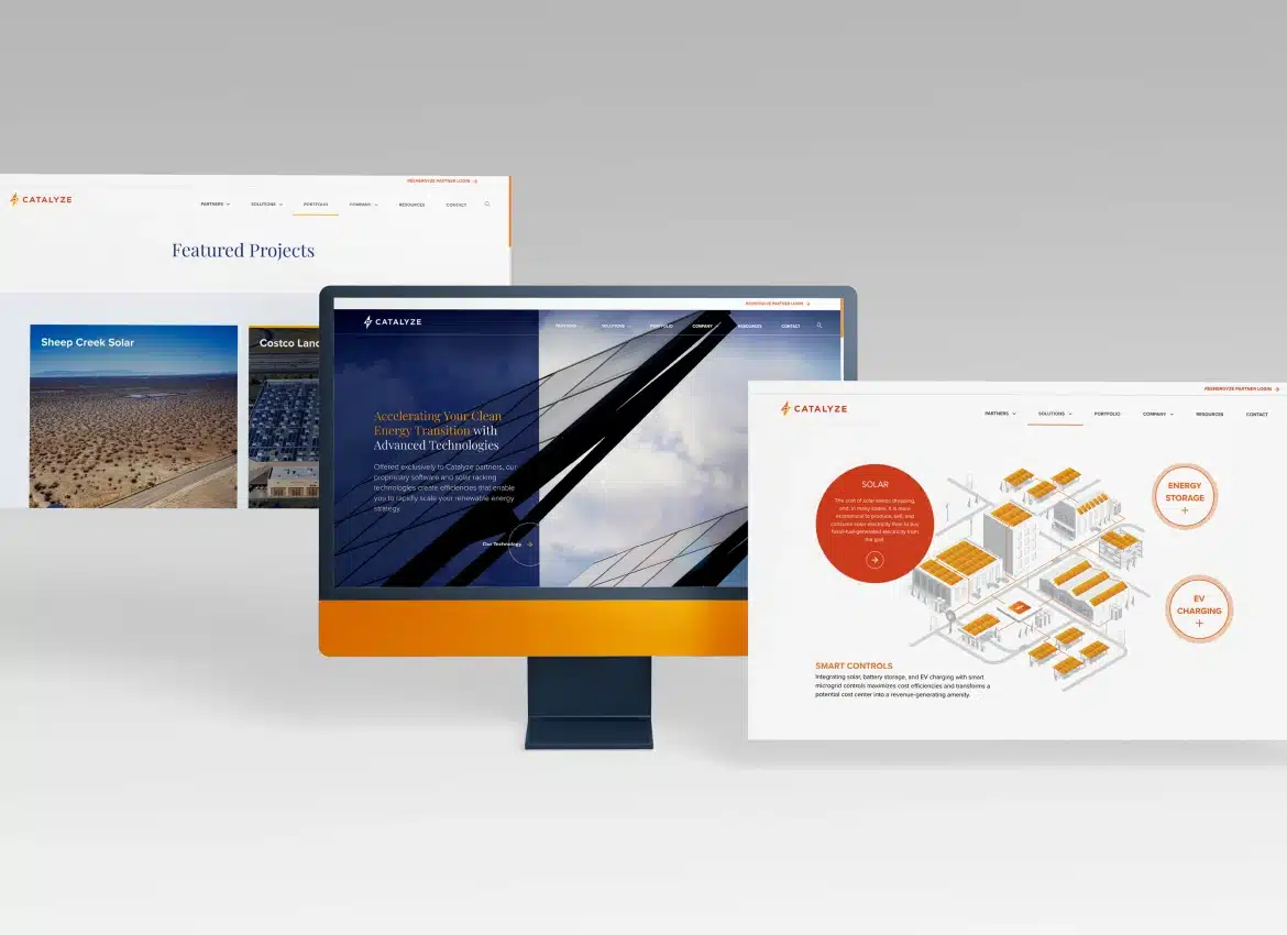 Computer screens displaying Catalyze clean energy solutions with solar technology diagrams and renewable energy projects