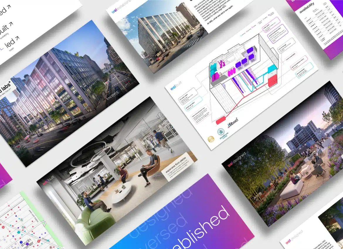Overhead layout of architectural renderings showcasing WeWork office projects and modern workspace designs