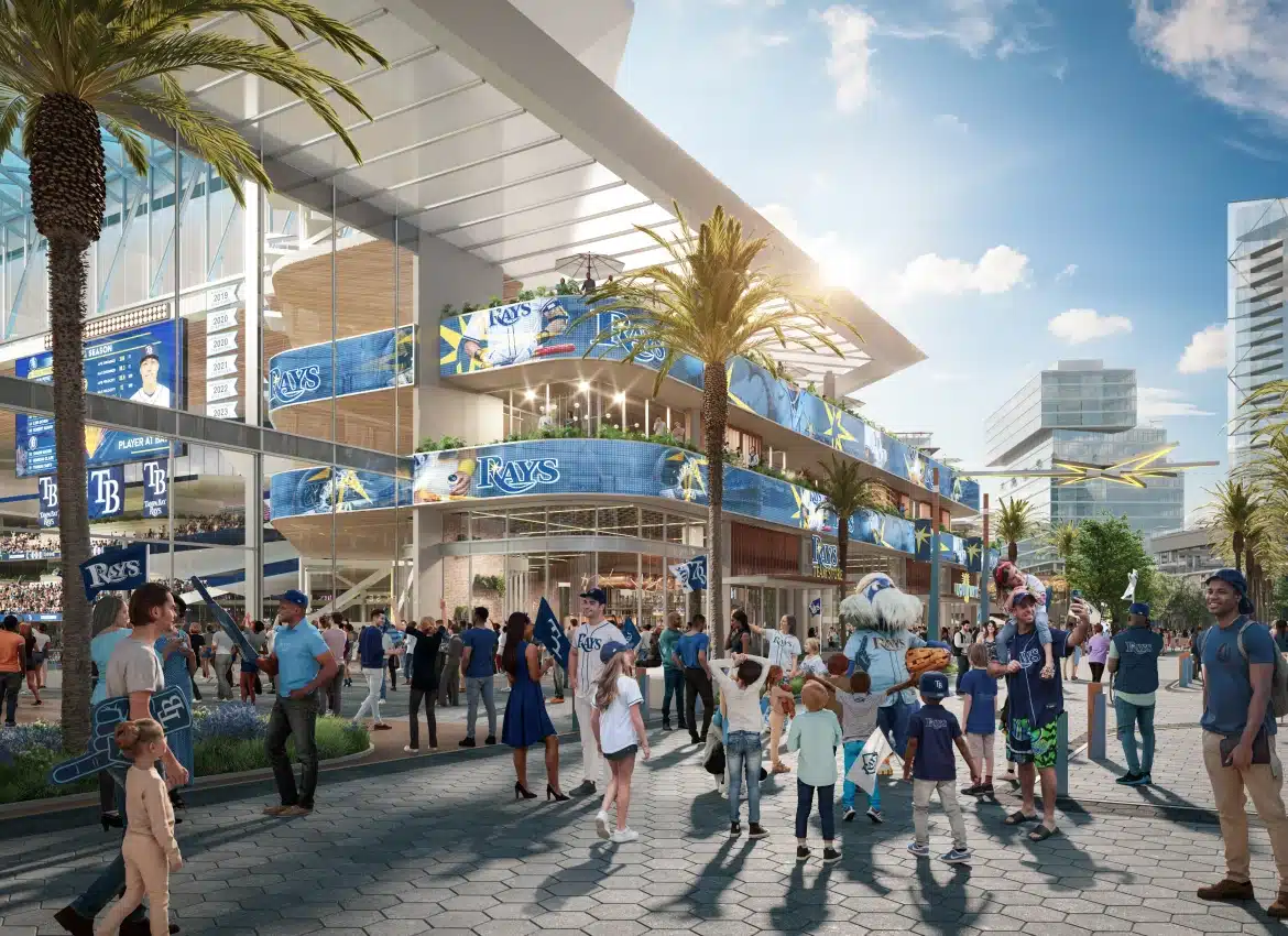 Architectural rendering of vibrant stadium district with fans gathering outside Tampa Bay Rays modern ballpark