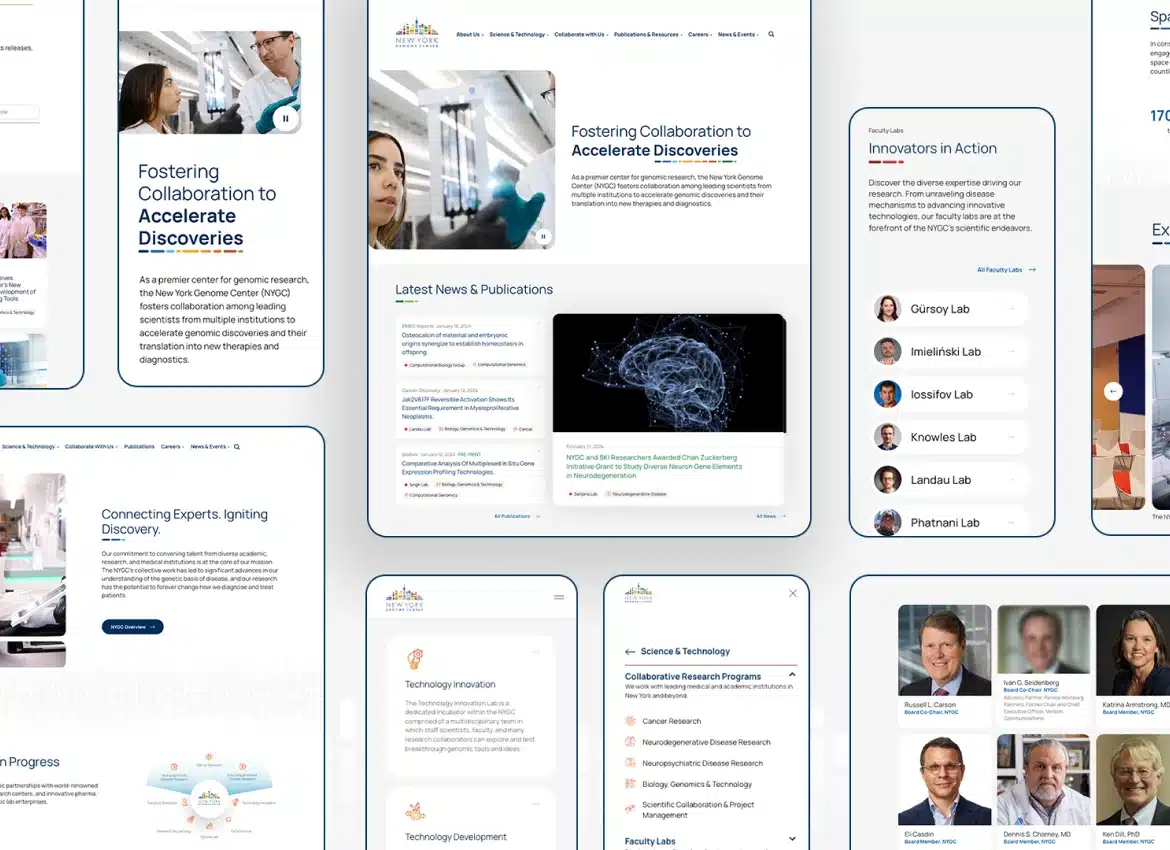 Digital layouts displaying New York Genome Center mission, research programs, and innovation in genomic science
