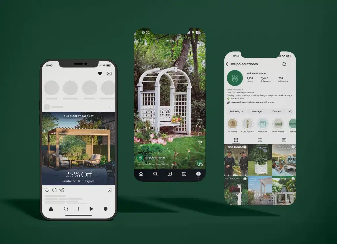 Smartphone screens displaying Walpole Outdoors social media marketing for pergolas, fences, and outdoor garden structures