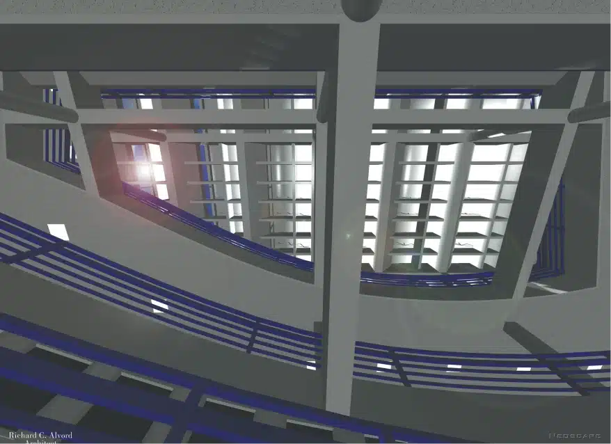 Abstract view of interior floors with sunlight entering curved building through central glass atrium