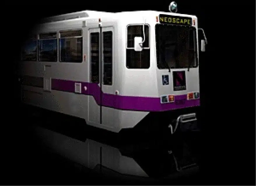 White modern tram with purple stripe labeled Neoscape against a black isolated background