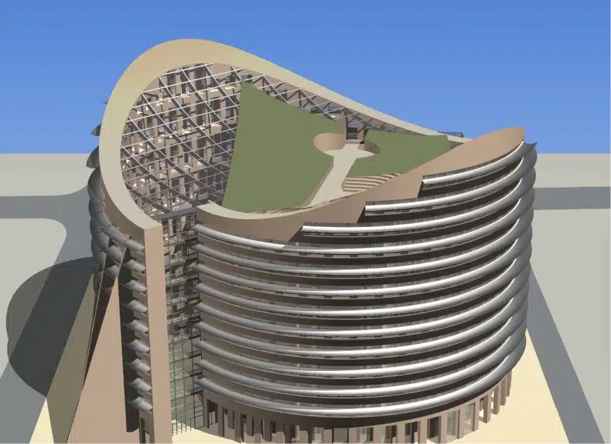 Curved modern building design with integrated rooftop garden and open-air upper terrace