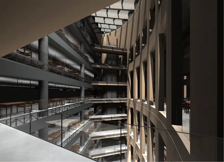 Concept rendering of interior atrium space with open balconies and exposed steel support beams