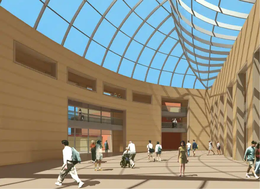 Architectural design of circular atrium with vaulted skylight and people interacting below