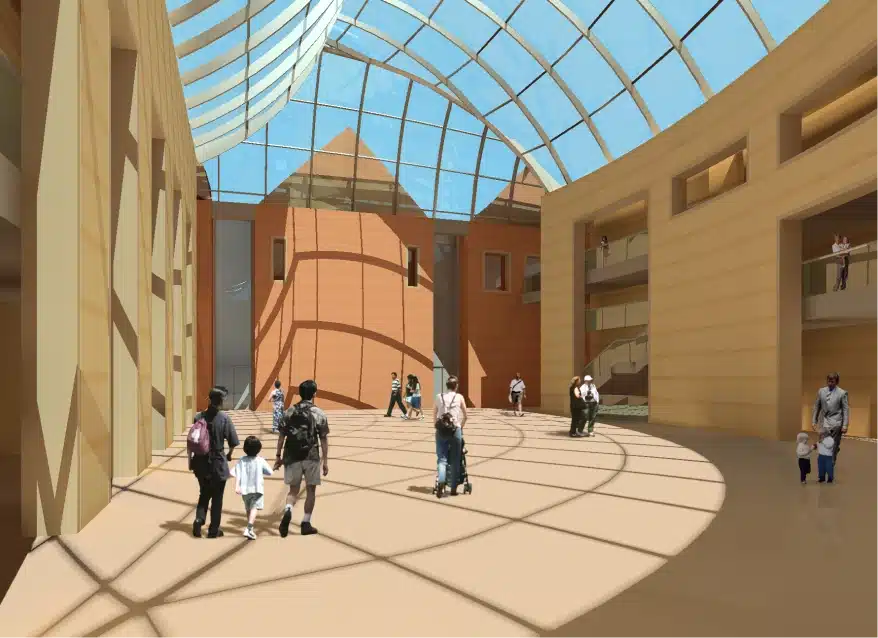Rendering of a sunlit glass atrium with families walking under arched skylight and curved interior walls
