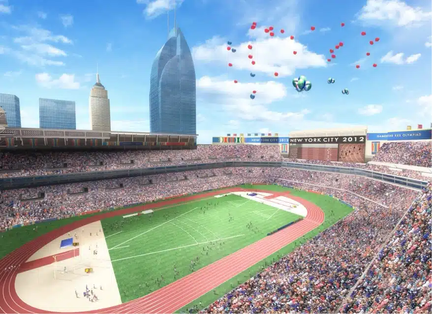 Olympic track and field stadium filled with spectators watching athletic events under clear sky and balloons