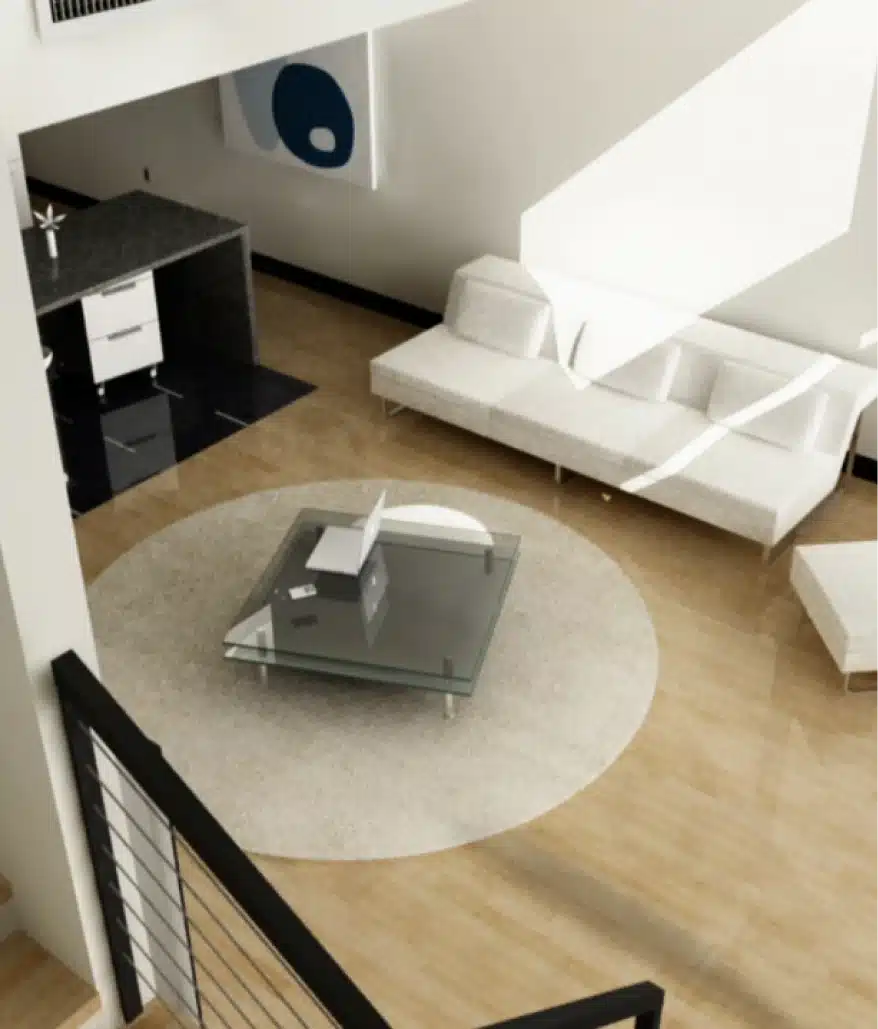 Modern loft interior with glass coffee table, white furniture, and open floorplan design