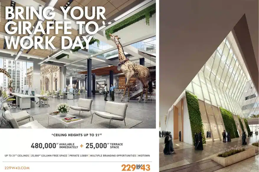 Creative office space design with high ceilings, greenery walls, and giraffe advertisement branding concept