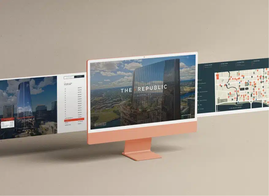 Computer display showcasing the Republic skyscraper project website with interactive map and property details