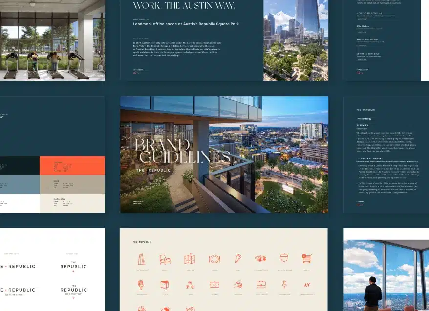 Office branding presentation showing modern skyscraper, interiors, and corporate design guidelines for Austin