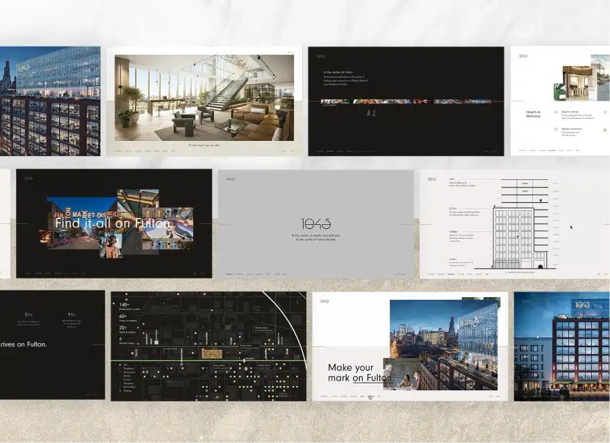 Marketing presentation boards displaying office tower renderings, layouts, and branding for Fulton Street project