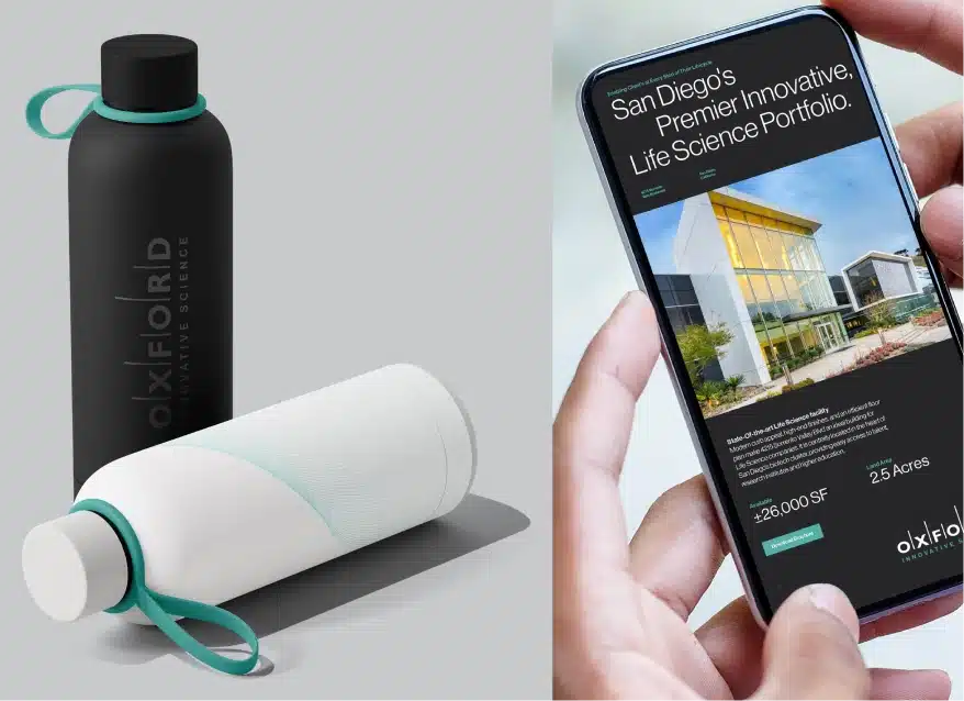 Two branded water bottles beside smartphone displaying modern life science portfolio webpage design