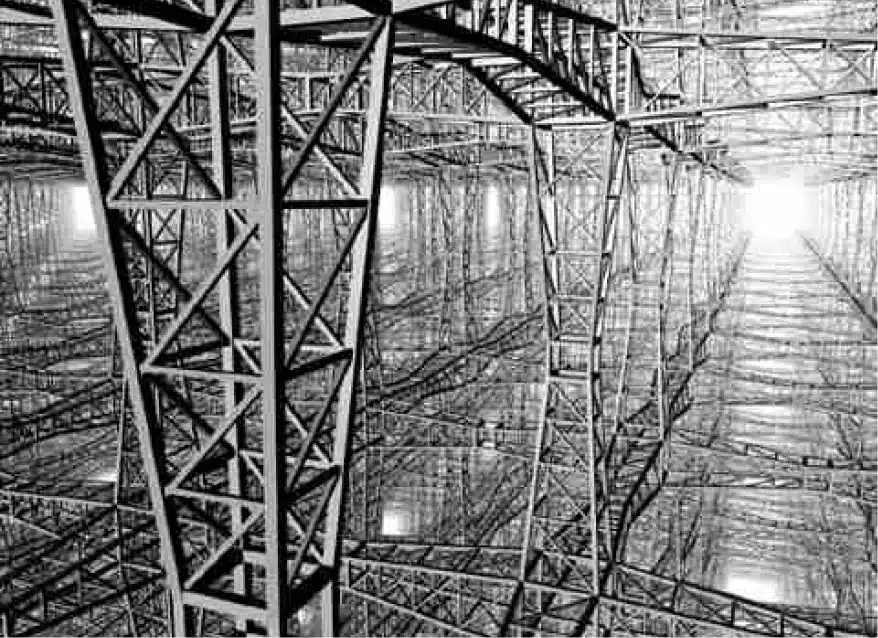 Monochrome architectural rendering of intricate steel scaffolding extending into the vanishing point