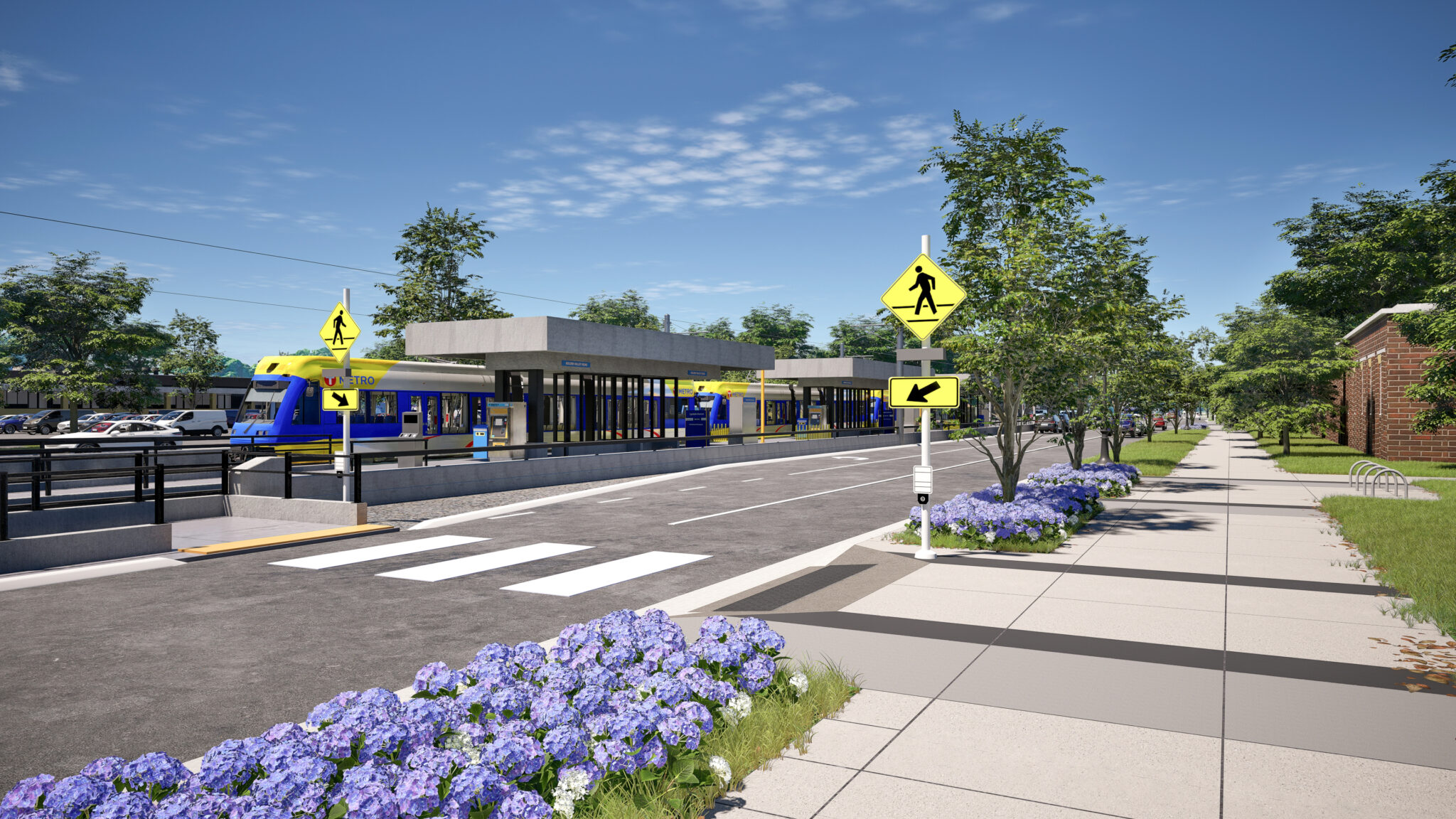 Modern light rail transit station rendering featuring pedestrian crosswalks, landscaped sidewalks, and urban accessibility infrastructure