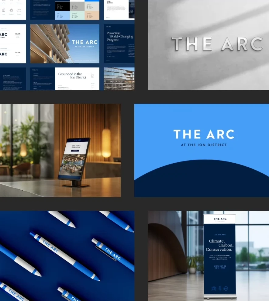 Brand identity showcase featuring architectural marketing materials, promotional signage, and custom corporate merchandise collections