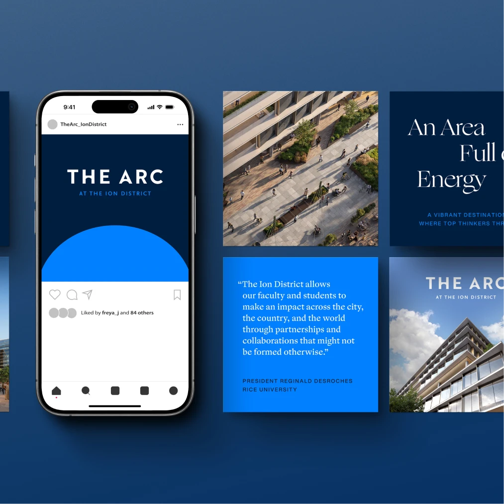 Smartphone social media mockup promoting innovative mixed-use development with modern architectural branding elements