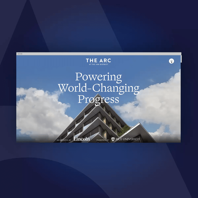 Innovation district website homepage featuring modern research facility architecture beneath bright sky and dramatic clouds