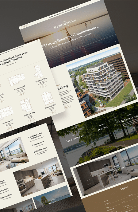 Luxury condominium website showcasing boutique residences, floor plans, amenities, and elegant residential development design