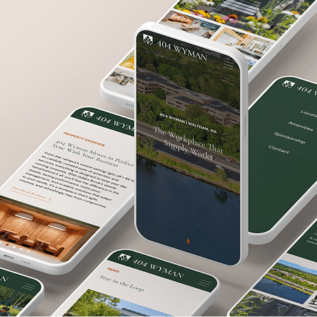 Mobile website mockups highlighting commercial office property, responsive design, and consistent cross-device digital experience