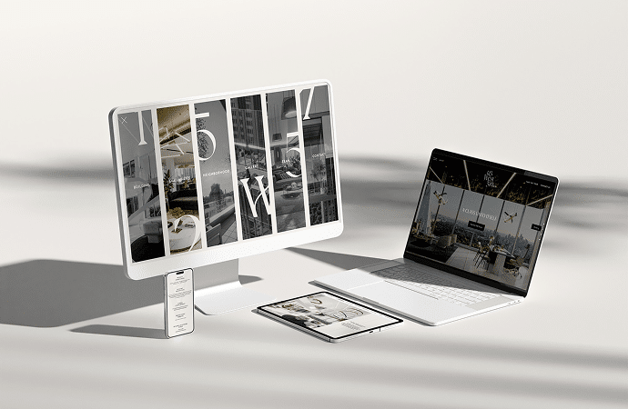 Responsive website designs displayed across desktop, laptop, tablet, and smartphone showcasing consistent luxury digital experiences