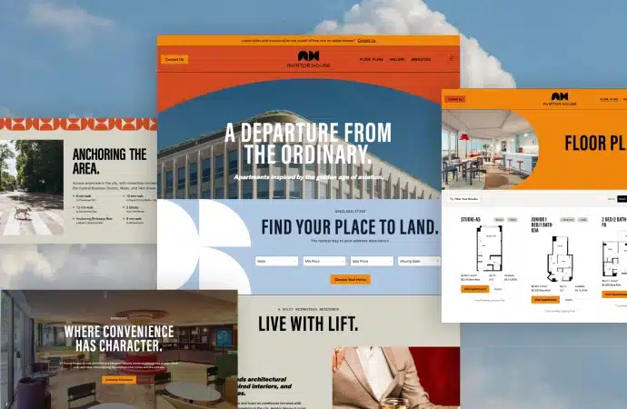 Apartment community website designs showcasing leasing homepage, floor plans, amenities, and modern residential branding