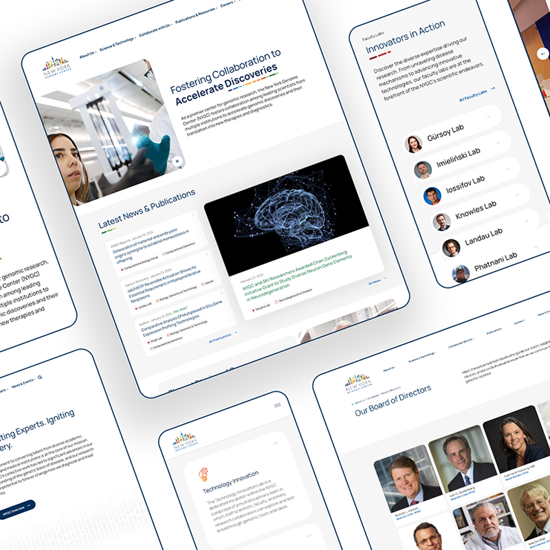 Modern medical research organization website displaying scientific discoveries, faculty profiles, publications, and institutional resources